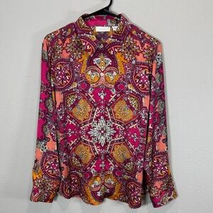 Chico's Vibrant Fuchsia and Orange Paisley Button-Front Blouse